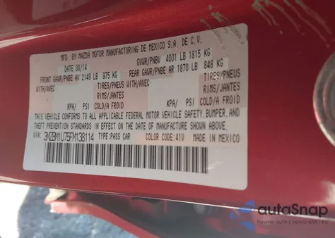 2015 Mazda Mazda3 I Sport from USA, damaged, VIN 3MZBM1U75FM138114